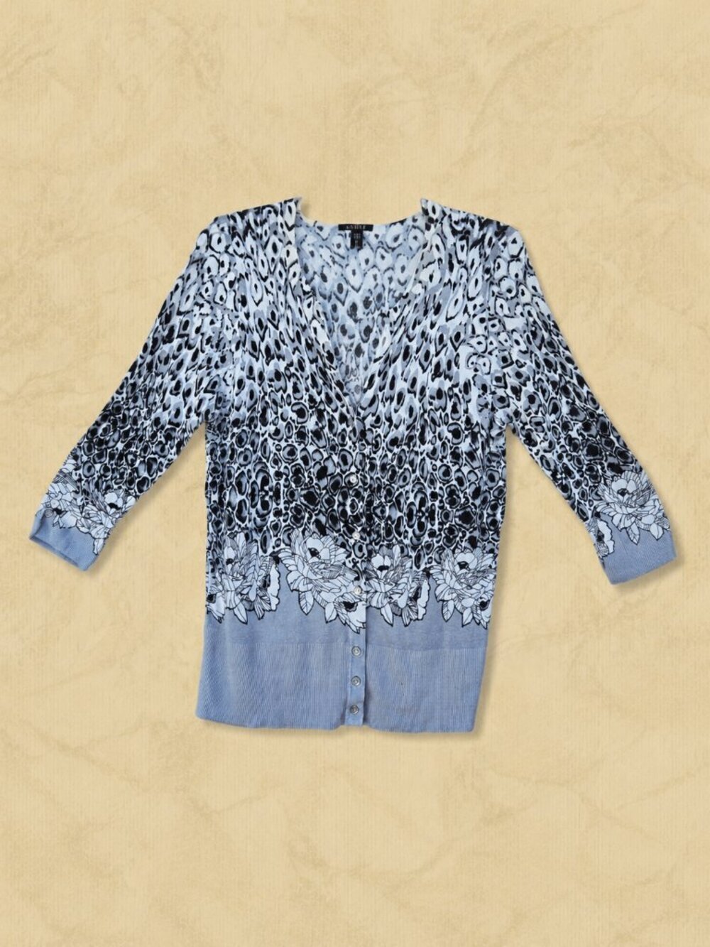 Cyrus Animal Print/Floral Button Down Gray Toned Sweater - XL
